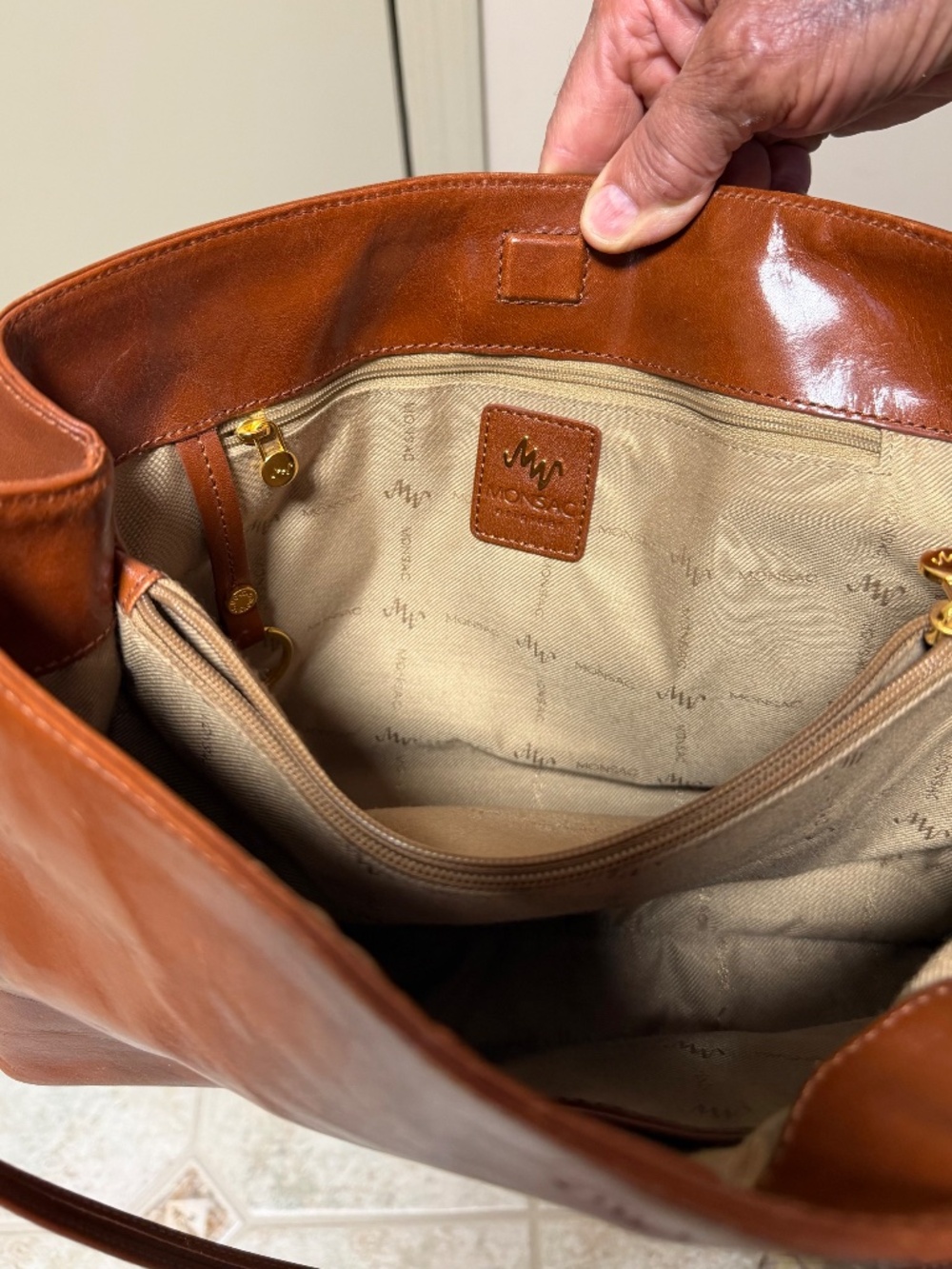 Fabulous Vintage Monsac Leather Shoulder Tote — Cognac Brown, Italian Leather - Picture 9 of 10